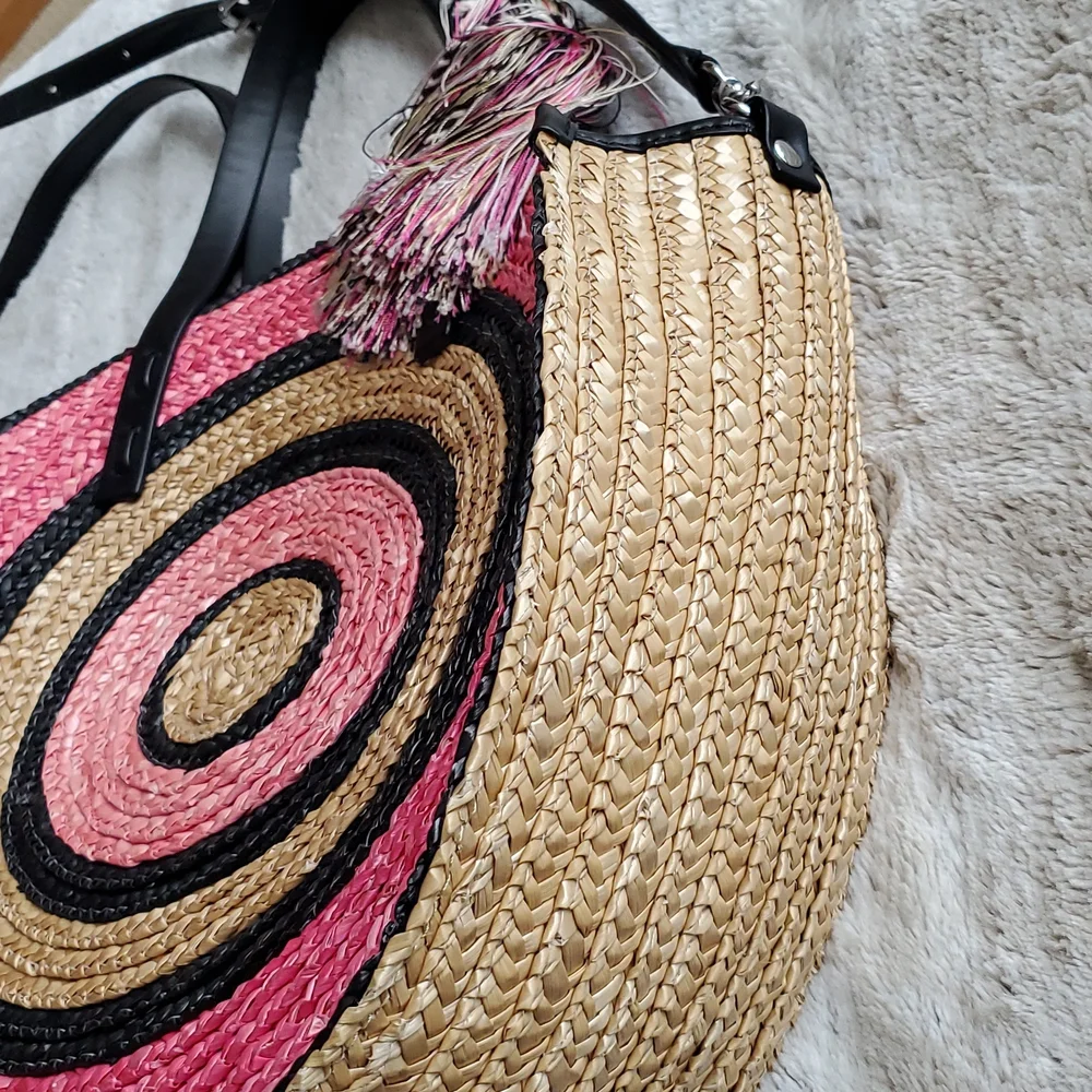 Rebecca Minkoff Pink and Beige Wicker Concentric Circle Tote Hand Bag - Picture 8 of 10
